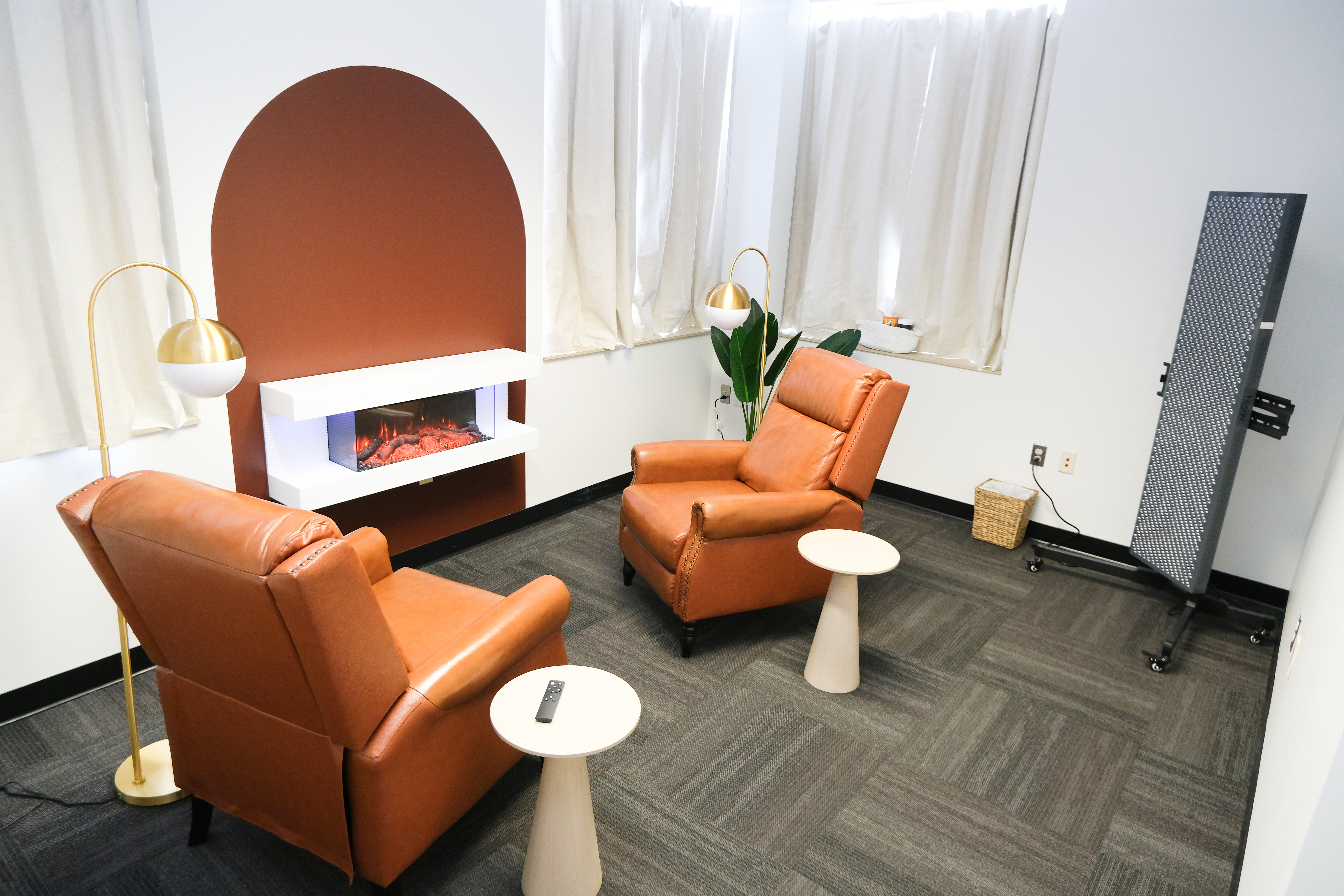 Interior detail of the red light therapy room with ambient lighting